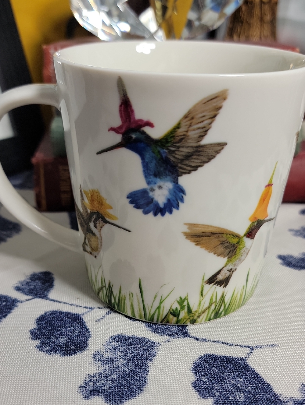 New Bone China/ Porcelaine Hummingbird Mug in White with Colorful Floral Accents